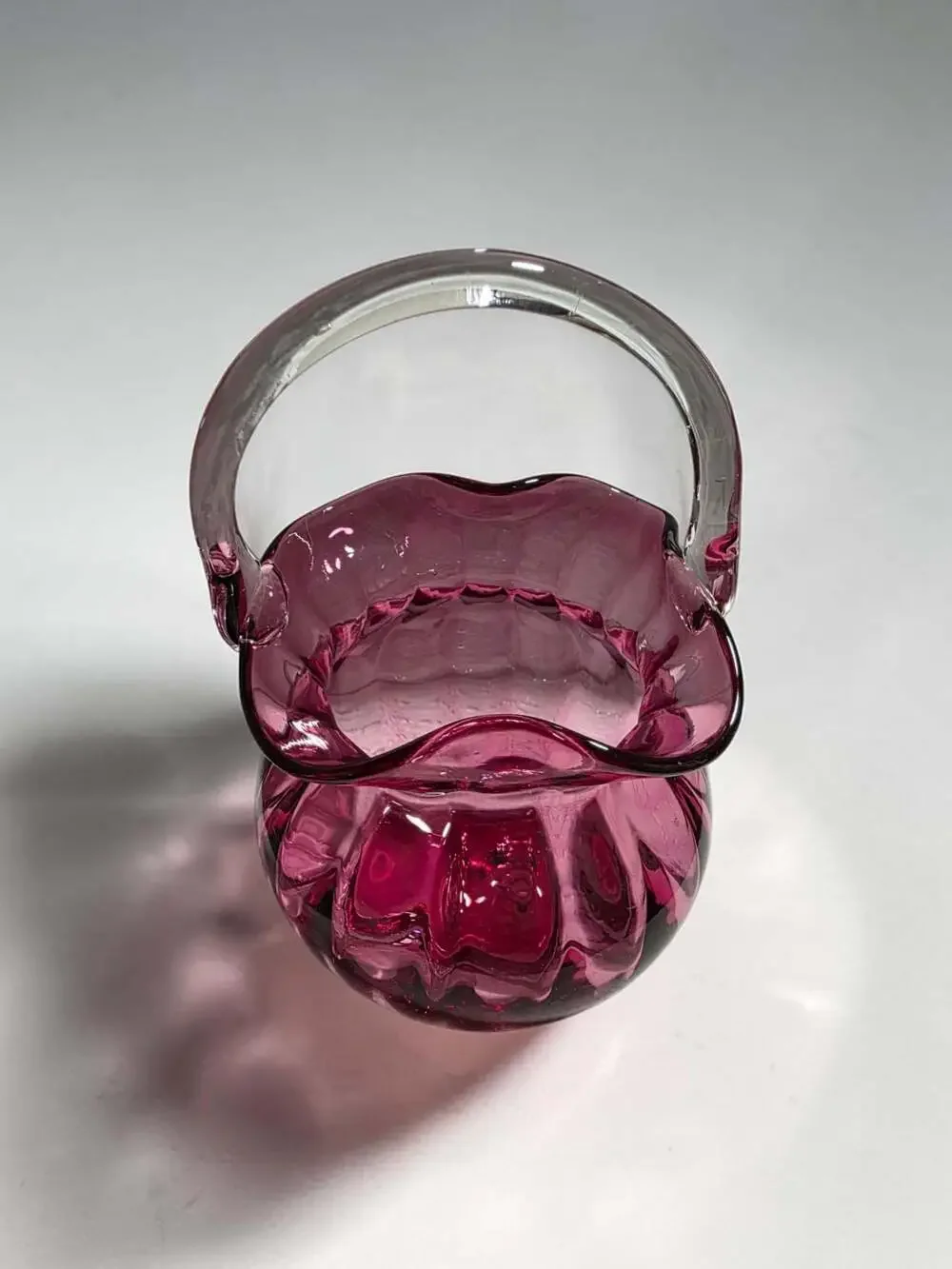 Vntg Pilgrim Art Glass Cranberry Ribbed Basket & Pitcher Set with Clear Handles